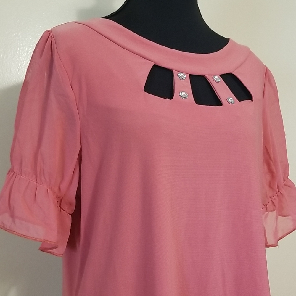 Adele & May Blush Pink Rhinestone Neckline Sheer Sleeve Blouse Career Office L - Picture 2 of 9